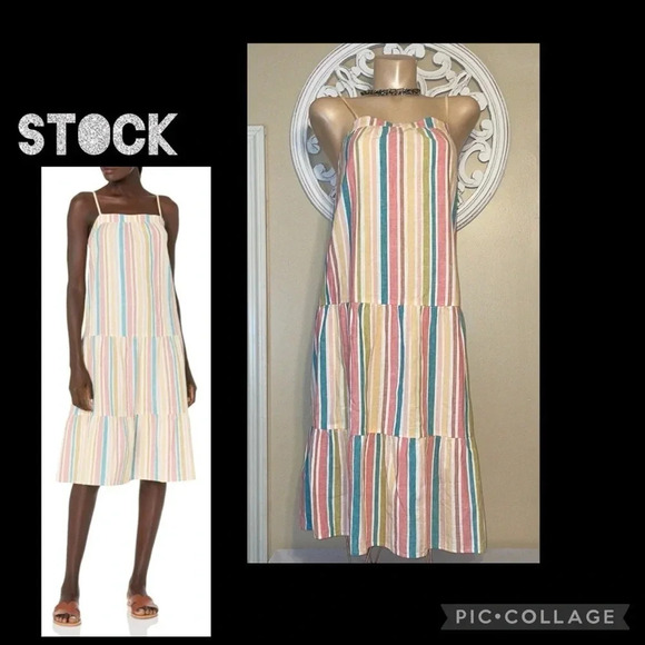 Roxy women’s midi small dress stripe spaghetti linen white yellows pink beach - Picture 2 of 9